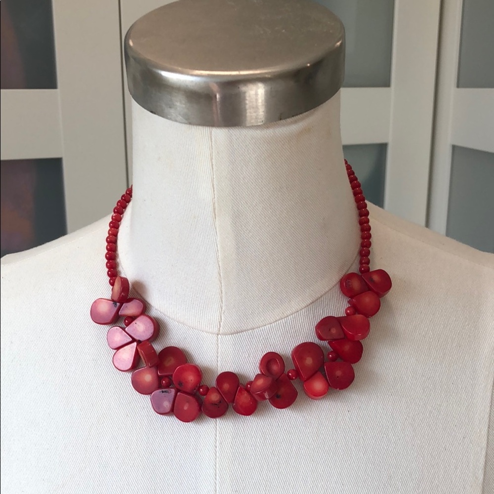 Vibrant Red Statement Necklace with Organic Beads